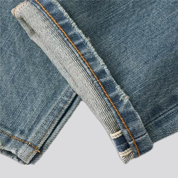 Distressed straight fit selvedge men's jeans