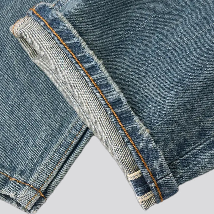 Distressed straight fit selvedge men's jeans