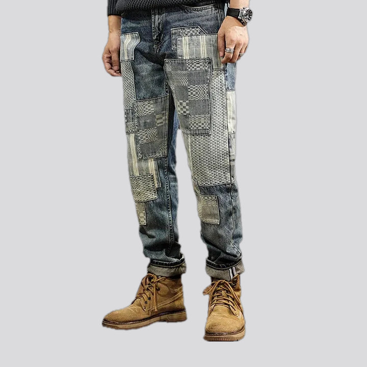 Checkerboard striped loose jeans for men
